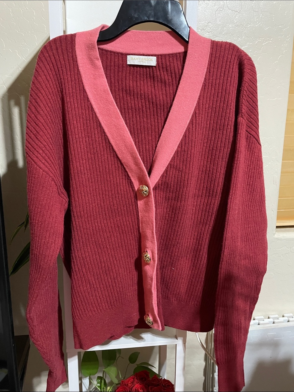 Ramy Brook Raspberry Cardigan with Pink Trim and Gold Buttons